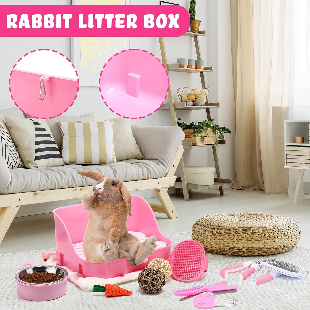 15 Pcs Rabbit Starter Kit Small Rabbit Litter Box Girls Gift Animal Grooming Kit Bunny Toys Bowl Blankets with Cleaning Set for Guinea Pig Accessories(Pink)