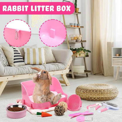 15 Pcs Rabbit Starter Kit Small Rabbit Litter Box Girls Gift Animal Grooming Kit Bunny Toys Bowl Blankets with Cleaning Set for Guinea Pig Accessories(Pink)