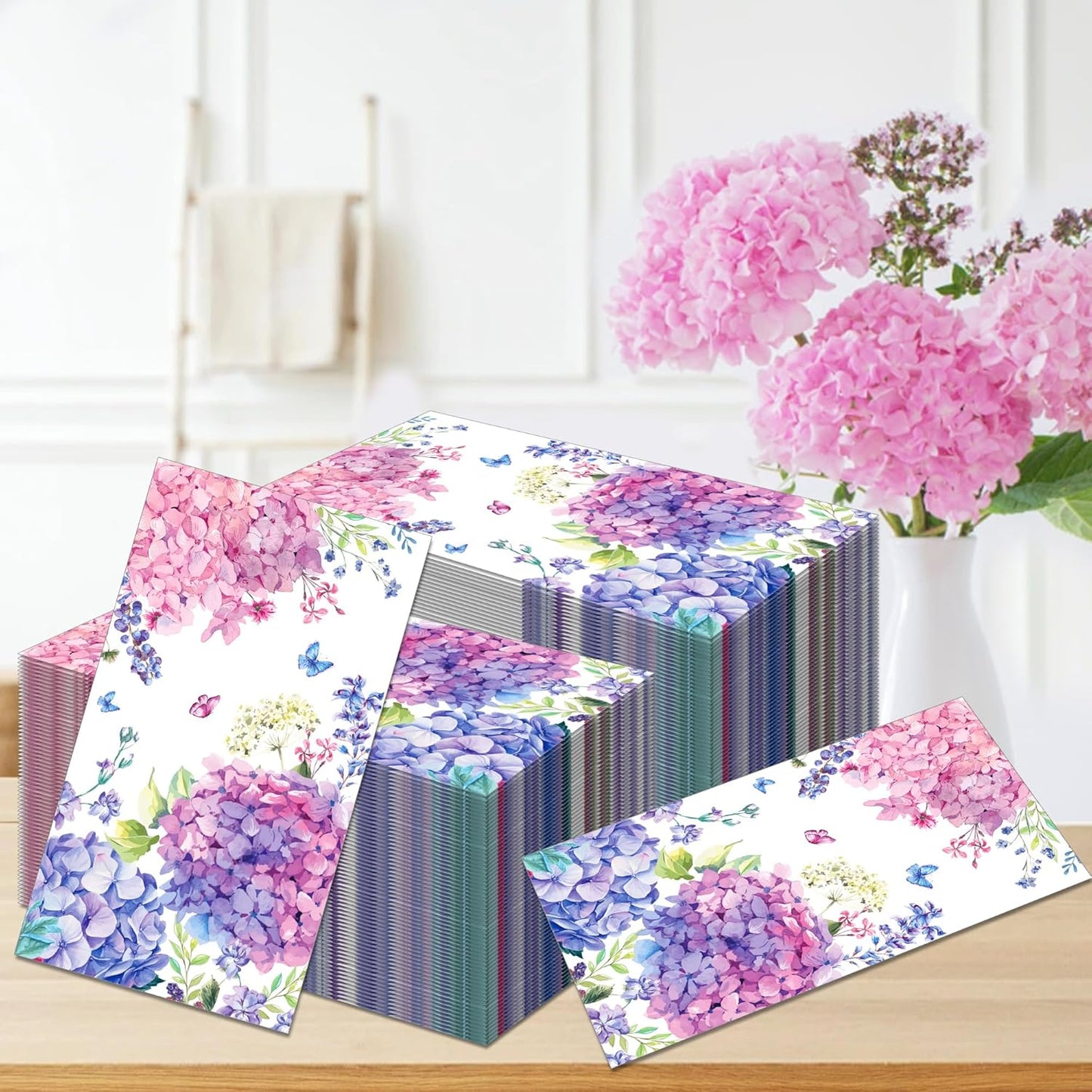 100Pcs Hydrangea Napkins Pink Purple Butterfly Flowers Disposable Napkins Floral Napkins Hand Towels for Kitchen Cocktail Guest Towels Wedding Birthday Baby Shower Party Supplies