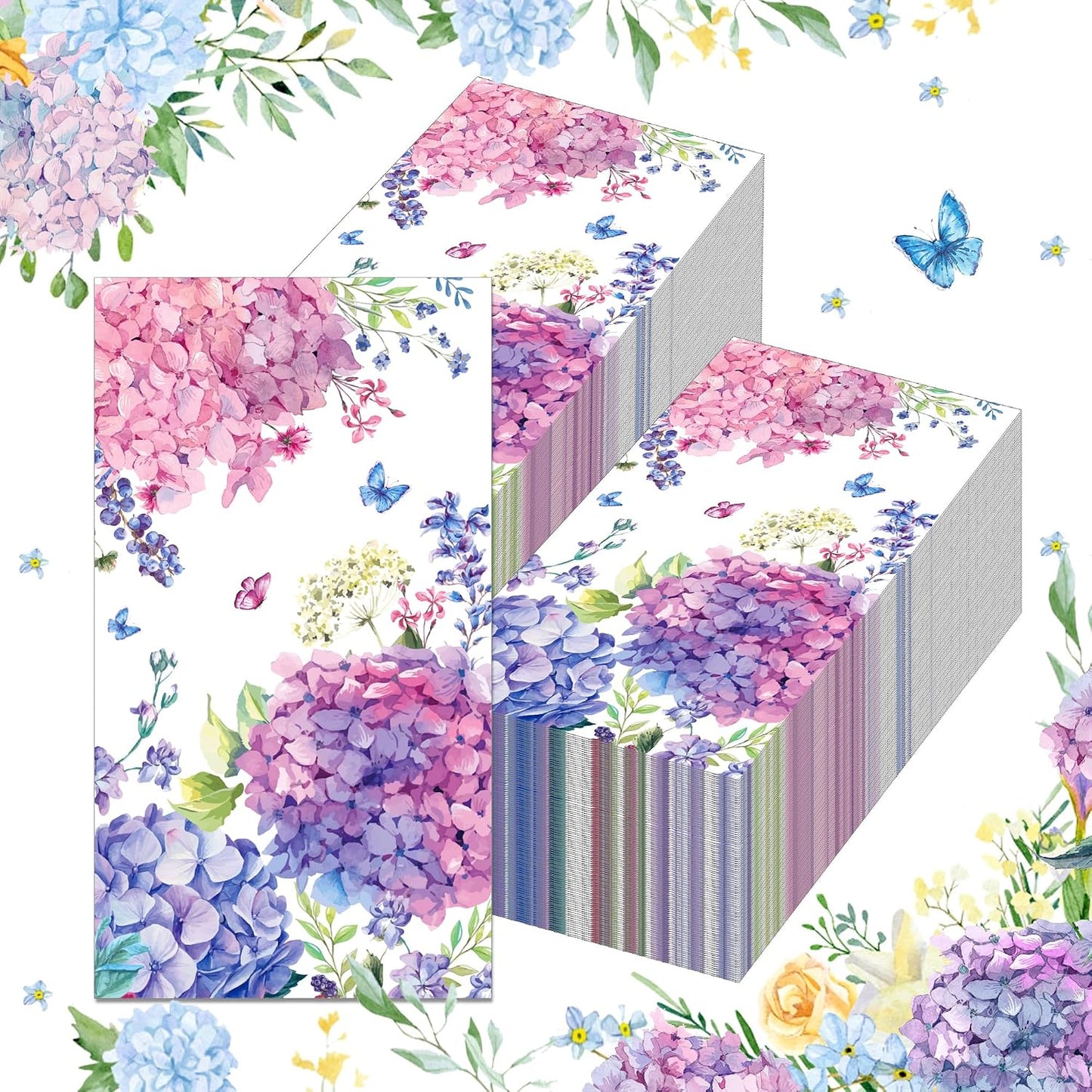 100Pcs Hydrangea Napkins Pink Purple Butterfly Flowers Disposable Napkins Floral Napkins Hand Towels for Kitchen Cocktail Guest Towels Wedding Birthday Baby Shower Party Supplies