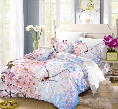Peach Blossom Duvet Cover Set Spring Flower Bedding Pink Cherry Blossom Bed Sets 2/3/4PCS Quilt Covers/Sheets/Pillow Shams,Twin/Full/Queen/King (F,Full-200x229cm-3PCS)