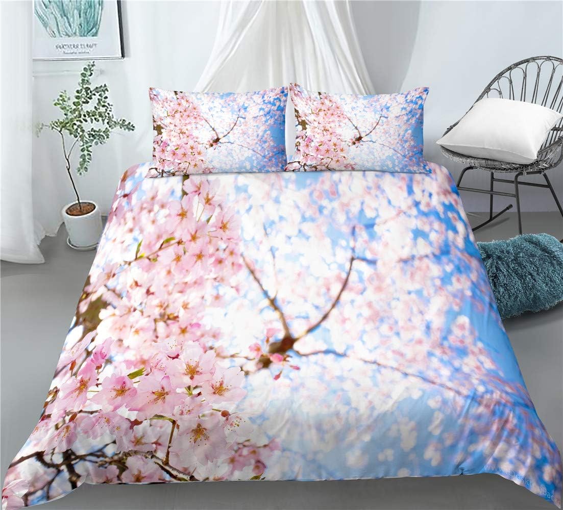 Peach Blossom Duvet Cover Set Spring Flower Bedding Pink Cherry Blossom Bed Sets 2/3/4PCS Quilt Covers/Sheets/Pillow Shams,Twin/Full/Queen/King (F,Full-200x229cm-3PCS)
