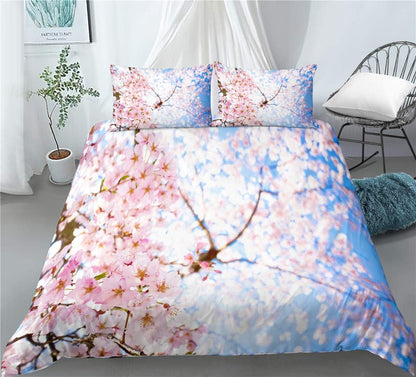 Peach Blossom Duvet Cover Set Spring Flower Bedding Pink Cherry Blossom Bed Sets 2/3/4PCS Quilt Covers/Sheets/Pillow Shams,Twin/Full/Queen/King (F,Full-200x229cm-3PCS)