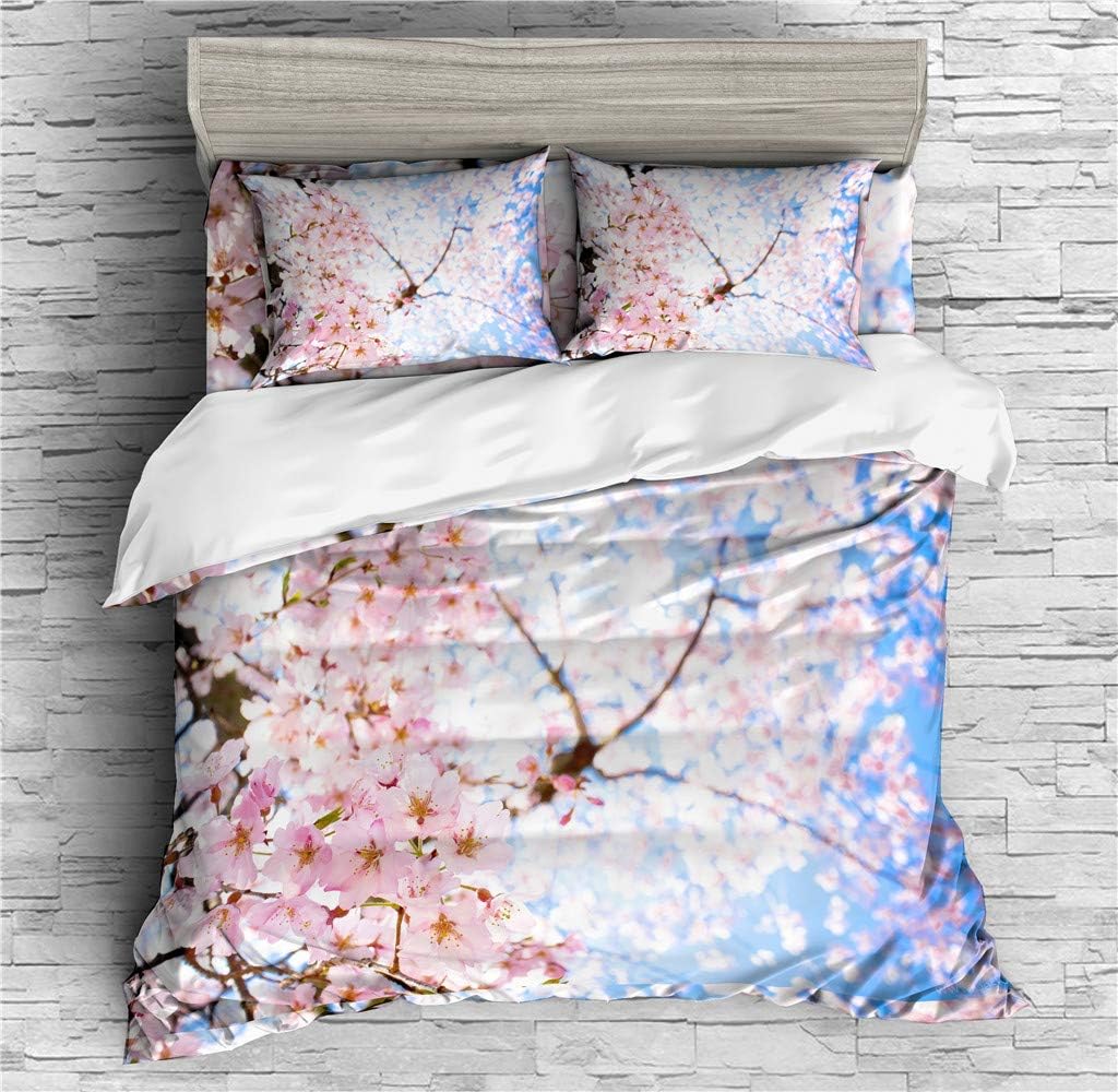 Peach Blossom Duvet Cover Set Spring Flower Bedding Pink Cherry Blossom Bed Sets 2/3/4PCS Quilt Covers/Sheets/Pillow Shams,Twin/Full/Queen/King (F,Full-200x229cm-3PCS)