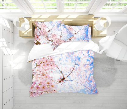 Peach Blossom Duvet Cover Set Spring Flower Bedding Pink Cherry Blossom Bed Sets 2/3/4PCS Quilt Covers/Sheets/Pillow Shams,Twin/Full/Queen/King (F,Full-200x229cm-3PCS)