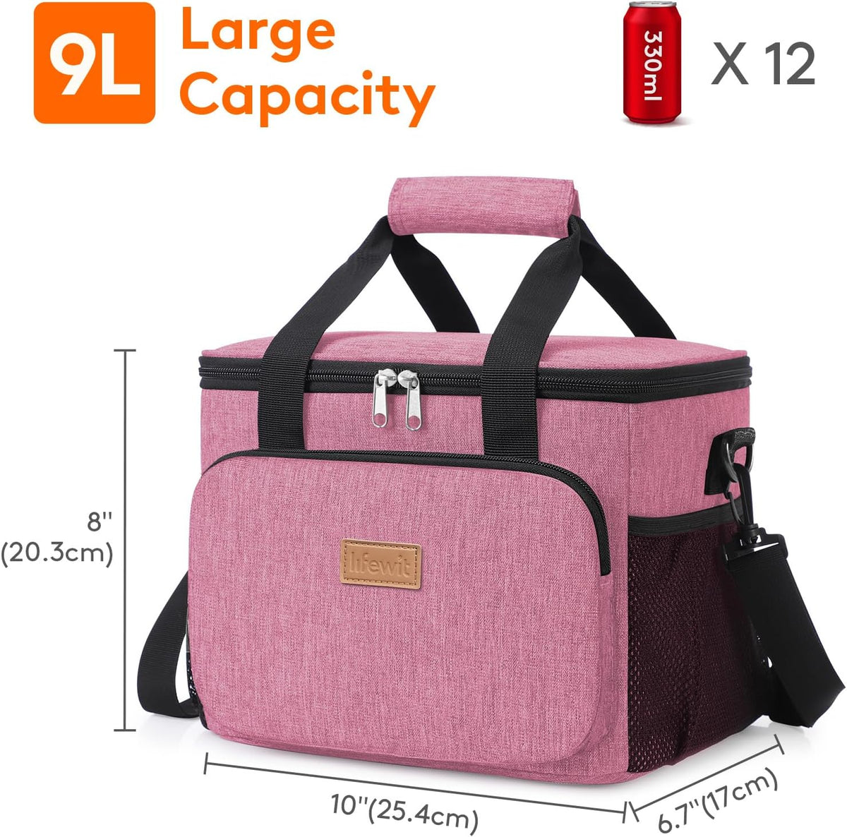 Medium Lunch Bag, Insulated Lunch Box, Soft Cooler Cooling Tote for Adult Men Women, Pink 12-Can (9L)