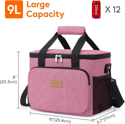 Medium Lunch Bag, Insulated Lunch Box, Soft Cooler Cooling Tote for Adult Men Women, Pink 12-Can (9L)