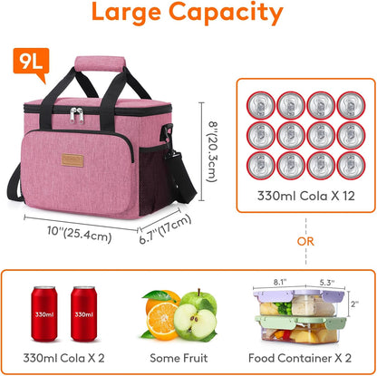 Medium Lunch Bag, Insulated Lunch Box, Soft Cooler Cooling Tote for Adult Men Women, Pink 12-Can (9L)