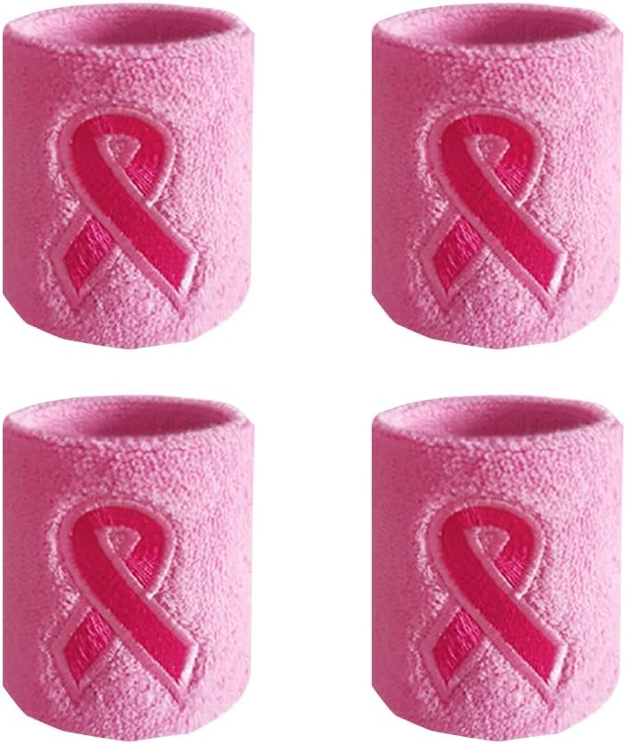 4 Pcs Breast Cancer Awareness Ribbon Wristbands Stretchy Sport Wristbands Athletic Sweat Wristbands Basketball Tennis Wrist Bands Workout Wrist Support Bands Pink