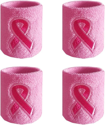 4 Pcs Breast Cancer Awareness Ribbon Wristbands Stretchy Sport Wristbands Athletic Sweat Wristbands Basketball Tennis Wrist Bands Workout Wrist Support Bands Pink
