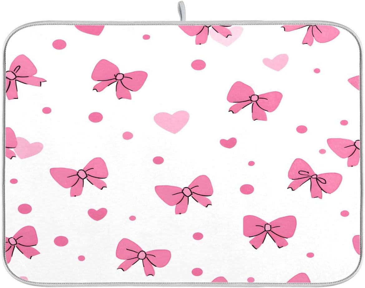 Pink Bows Hearts Pattern Dish Drying Mat 18x24 Absorbent Dishes Pad Dish Drainer Mat Protector for Kitchen Fast Dry