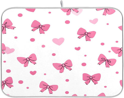 Pink Bows Hearts Pattern Dish Drying Mat 18x24 Absorbent Dishes Pad Dish Drainer Mat Protector for Kitchen Fast Dry