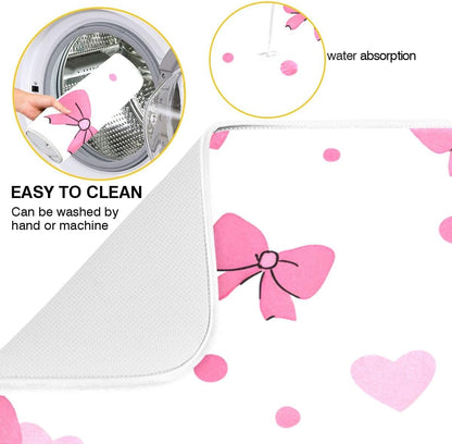 Pink Bows Hearts Pattern Dish Drying Mat 18x24 Absorbent Dishes Pad Dish Drainer Mat Protector for Kitchen Fast Dry