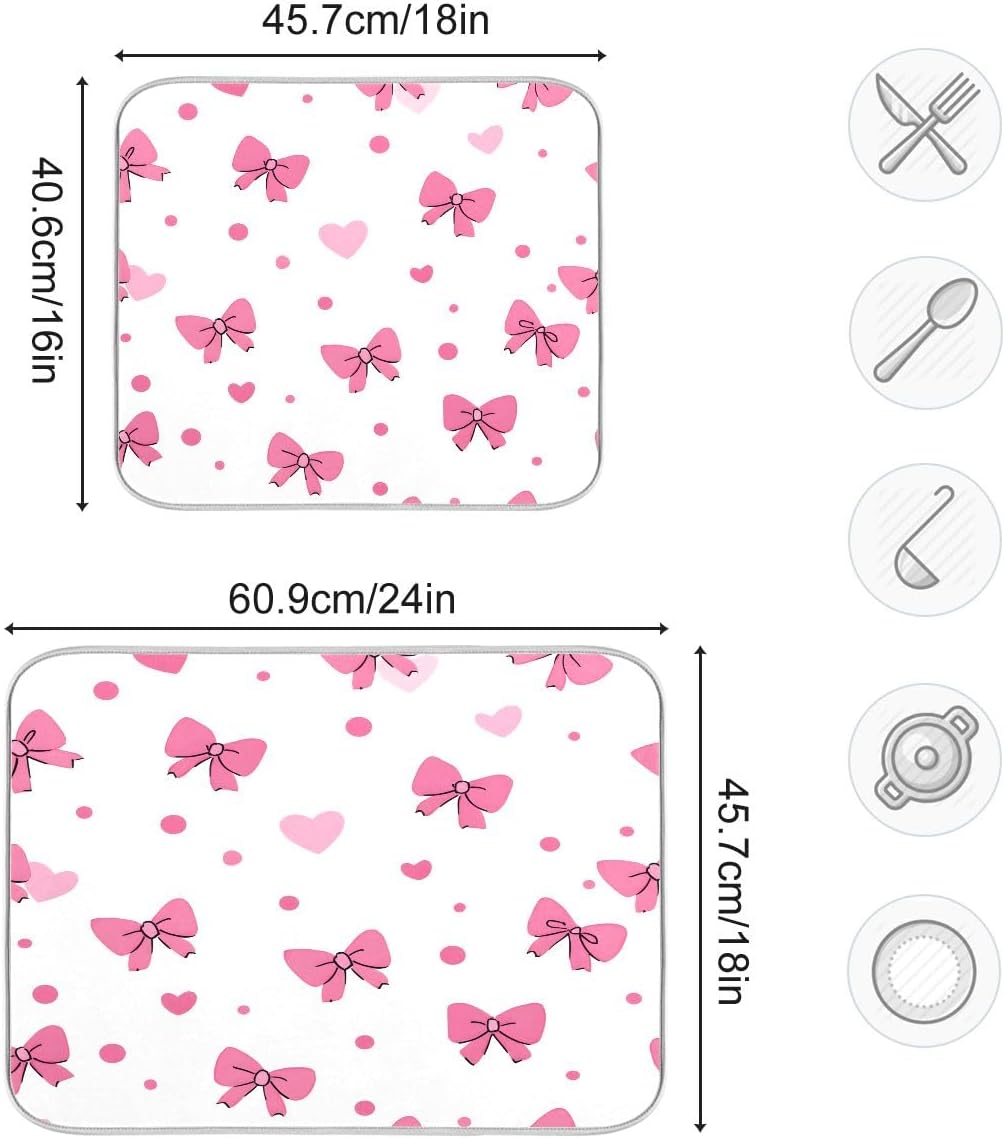 Pink Bows Hearts Pattern Dish Drying Mat 18x24 Absorbent Dishes Pad Dish Drainer Mat Protector for Kitchen Fast Dry