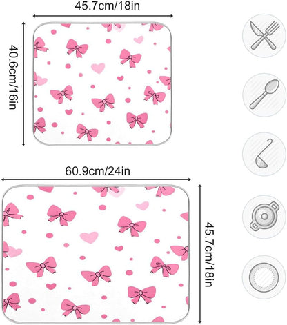 Pink Bows Hearts Pattern Dish Drying Mat 18x24 Absorbent Dishes Pad Dish Drainer Mat Protector for Kitchen Fast Dry