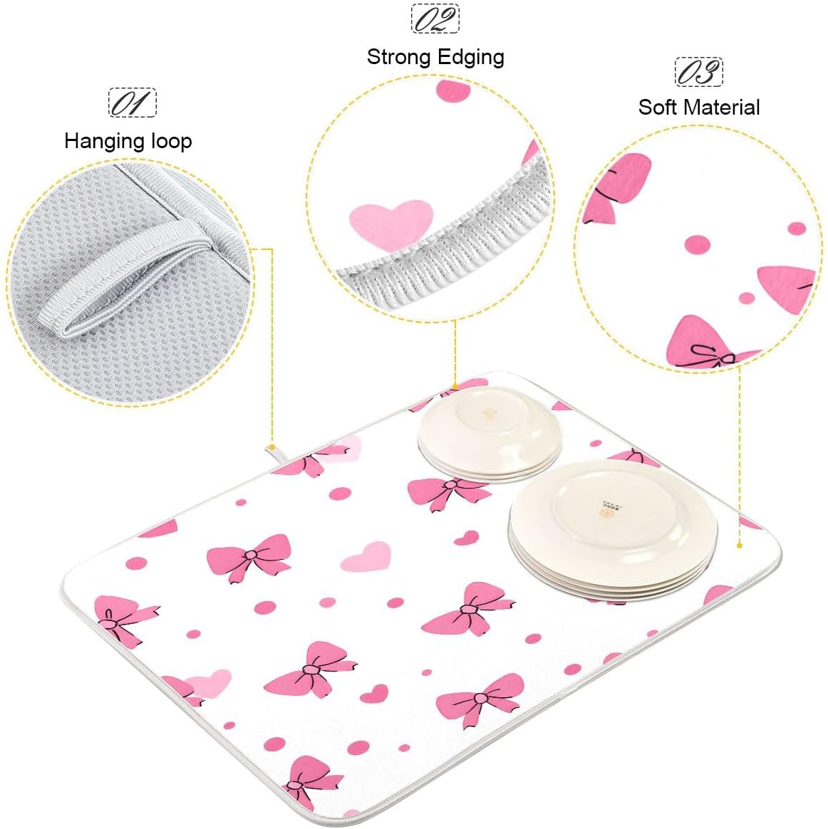 Pink Bows Hearts Pattern Dish Drying Mat 18x24 Absorbent Dishes Pad Dish Drainer Mat Protector for Kitchen Fast Dry