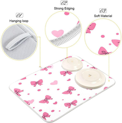 Pink Bows Hearts Pattern Dish Drying Mat 18x24 Absorbent Dishes Pad Dish Drainer Mat Protector for Kitchen Fast Dry