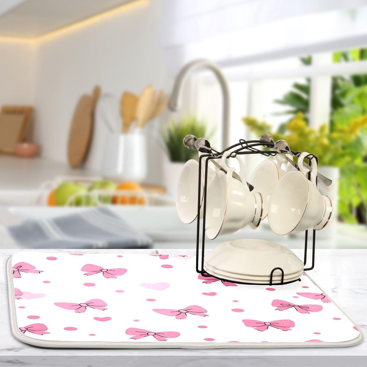 Pink Bows Hearts Pattern Dish Drying Mat 18x24 Absorbent Dishes Pad Dish Drainer Mat Protector for Kitchen Fast Dry
