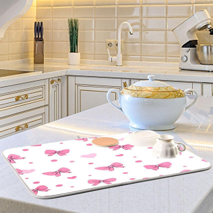 Pink Bows Hearts Pattern Dish Drying Mat 18x24 Absorbent Dishes Pad Dish Drainer Mat Protector for Kitchen Fast Dry