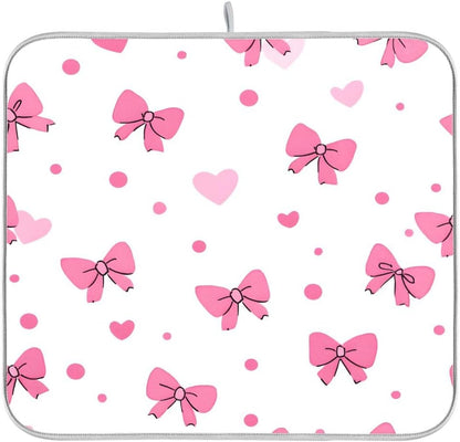 Pink Bows Hearts Pattern Dish Drying Mat 18x24 Absorbent Dishes Pad Dish Drainer Mat Protector for Kitchen Fast Dry