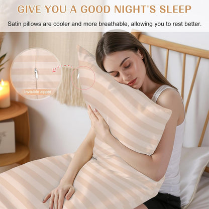Peach Pink Stripes Satin Pillowcases with Zipper Cal King Size Cooling Silk Pillow Cases for Hair and Skin Soft Modern Vertical Lines Geometric Simple Throw Pillow Covers for Women Men 20x40 Inch