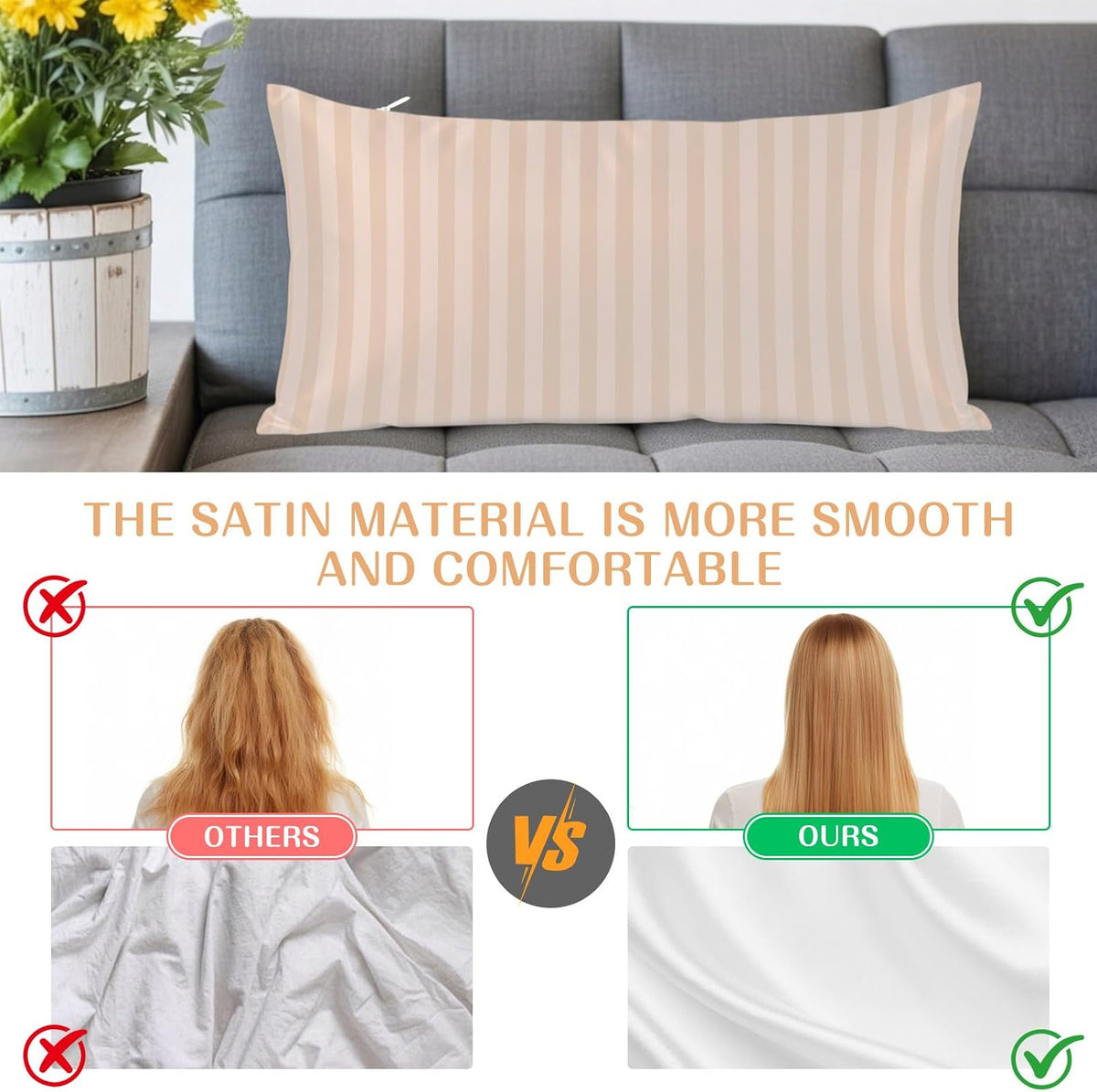 Peach Pink Stripes Satin Pillowcases with Zipper Cal King Size Cooling Silk Pillow Cases for Hair and Skin Soft Modern Vertical Lines Geometric Simple Throw Pillow Covers for Women Men 20x40 Inch