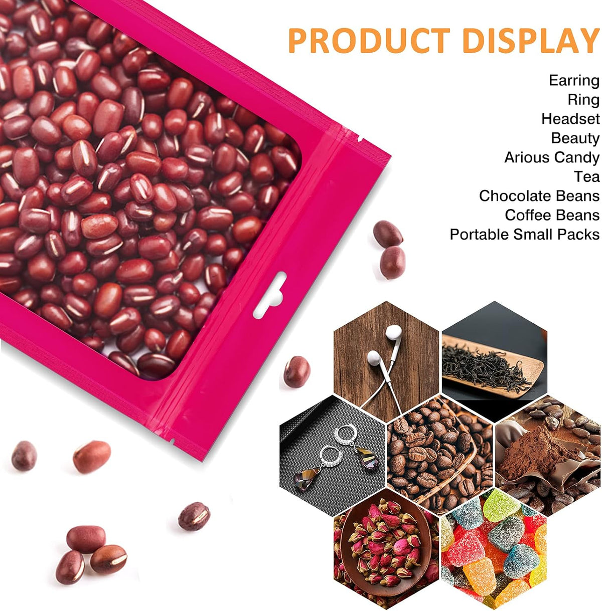 100 Pieces Resealable Mylar Bags with Clear Window - 3.5x4.7 Inches Smell Proof Bag Coffee Beans Packaging Pouch for Food Self Sealing Storage Supplies Jewelry Electronics Party, Pink
