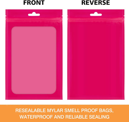 100 Pieces Resealable Mylar Bags with Clear Window - 3.5x4.7 Inches Smell Proof Bag Coffee Beans Packaging Pouch for Food Self Sealing Storage Supplies Jewelry Electronics Party, Pink