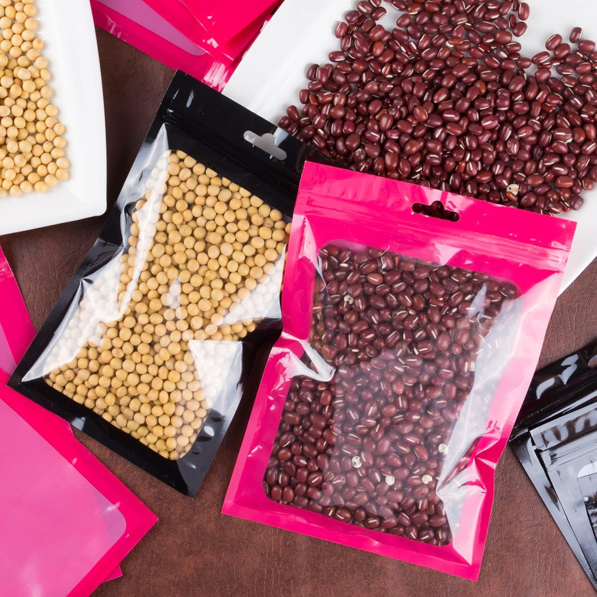 100 Pieces Resealable Mylar Bags with Clear Window - 3.5x4.7 Inches Smell Proof Bag Coffee Beans Packaging Pouch for Food Self Sealing Storage Supplies Jewelry Electronics Party, Pink