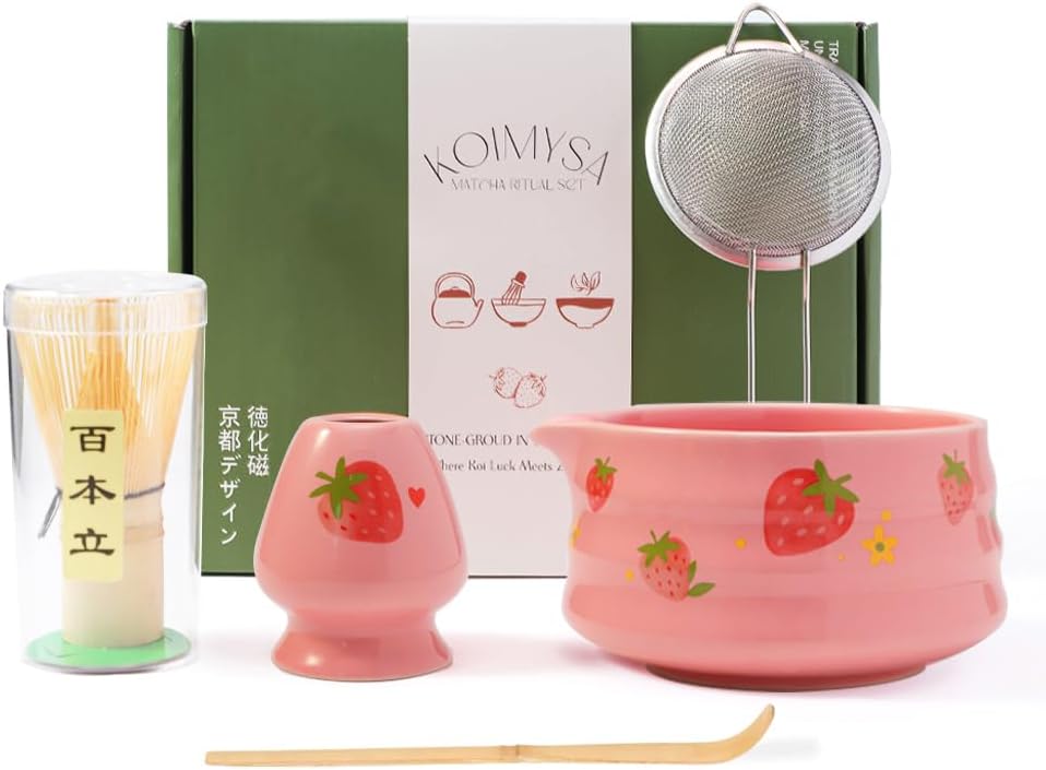 Pink Strawberry Matcha Whisk Set Kit, Cute Matcha Making Kit Gift