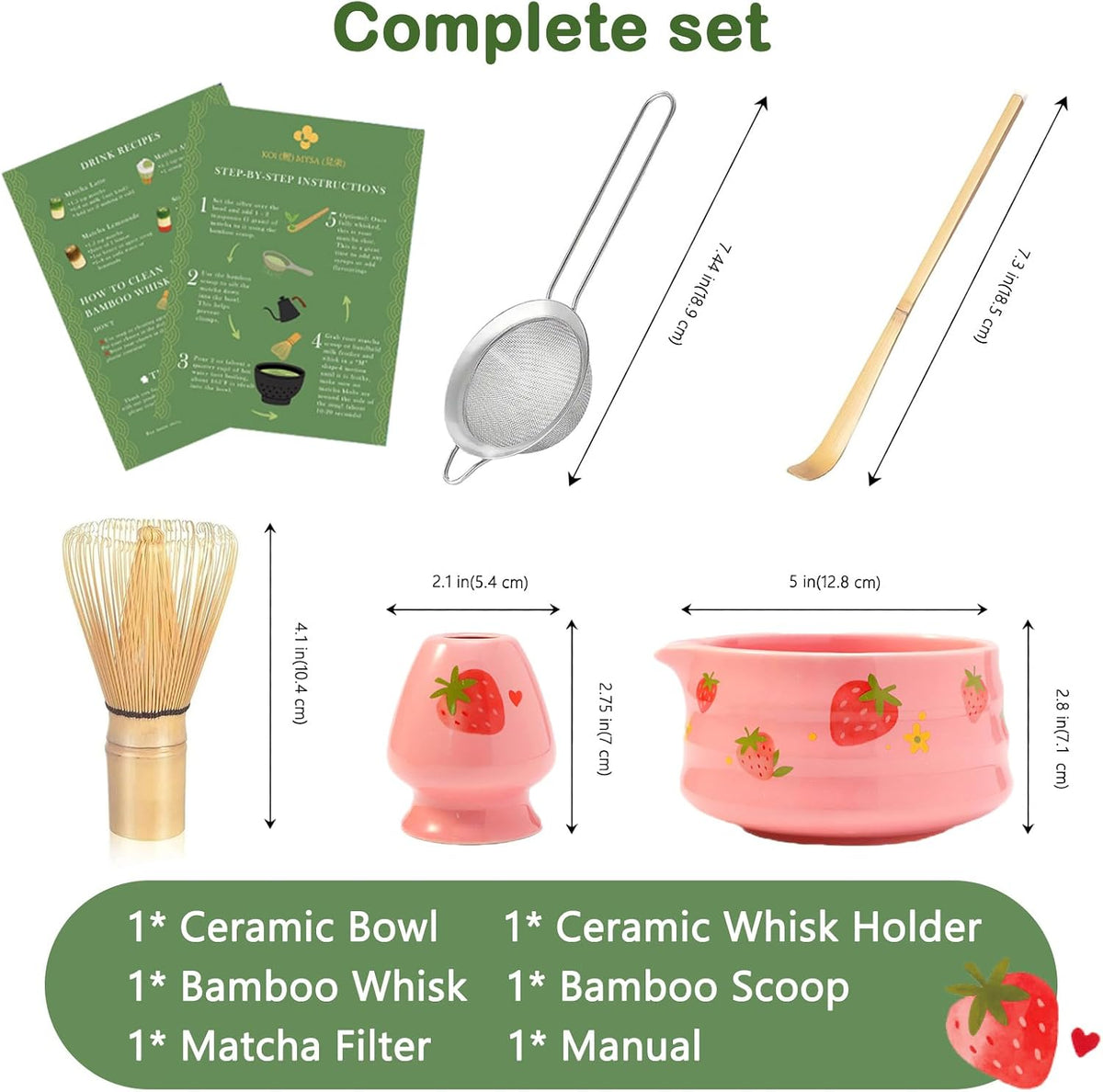 Pink Strawberry Matcha Whisk Set Kit, Cute Matcha Making Kit Gift