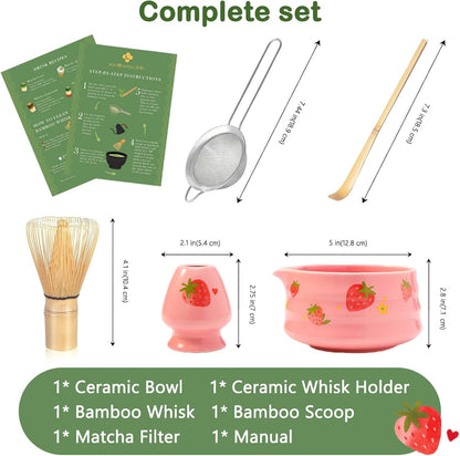 Pink Strawberry Matcha Whisk Set Kit, Cute Matcha Making Kit Gift