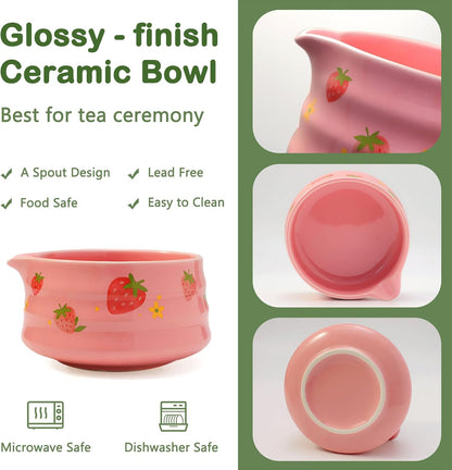 Pink Strawberry Matcha Whisk Set Kit, Cute Matcha Making Kit Gift