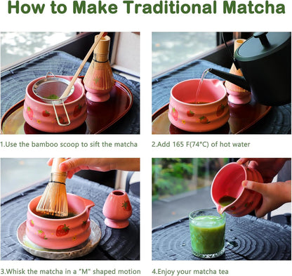 Pink Strawberry Matcha Whisk Set Kit, Cute Matcha Making Kit Gift
