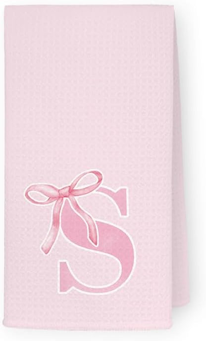Pink Initial Letter S Hand Towels for Bathroom, Coquette Bow Decor