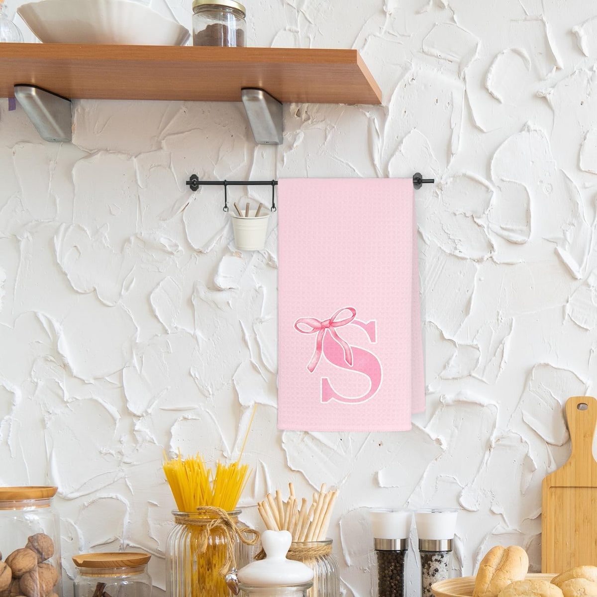 Pink Initial Letter S Hand Towels for Bathroom, Coquette Bow Decor
