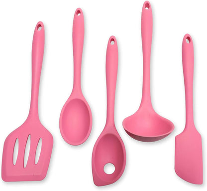 Premium Silicone Kitchen Tools and Utensils Set, Non-Scratch, Withstands Temperatures up to 450°F, BPA-Free, 5 Piece Cooking Utensils Set, Pink