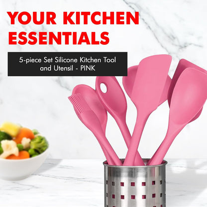 Premium Silicone Kitchen Tools and Utensils Set, Non-Scratch, Withstands Temperatures up to 450°F, BPA-Free, 5 Piece Cooking Utensils Set, Pink