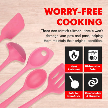 Premium Silicone Kitchen Tools and Utensils Set, Non-Scratch, Withstands Temperatures up to 450°F, BPA-Free, 5 Piece Cooking Utensils Set, Pink