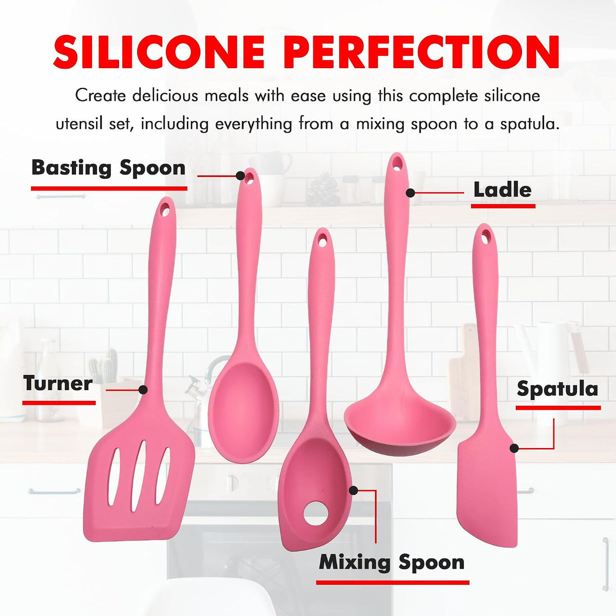 Premium Silicone Kitchen Tools and Utensils Set, Non-Scratch, Withstands Temperatures up to 450°F, BPA-Free, 5 Piece Cooking Utensils Set, Pink