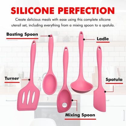 Premium Silicone Kitchen Tools and Utensils Set, Non-Scratch, Withstands Temperatures up to 450°F, BPA-Free, 5 Piece Cooking Utensils Set, Pink