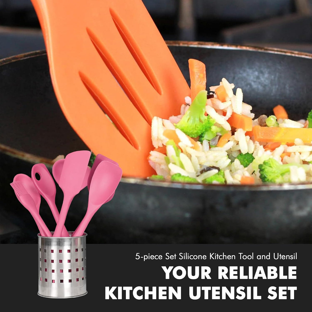 Premium Silicone Kitchen Tools and Utensils Set, Non-Scratch, Withstands Temperatures up to 450°F, BPA-Free, 5 Piece Cooking Utensils Set, Pink
