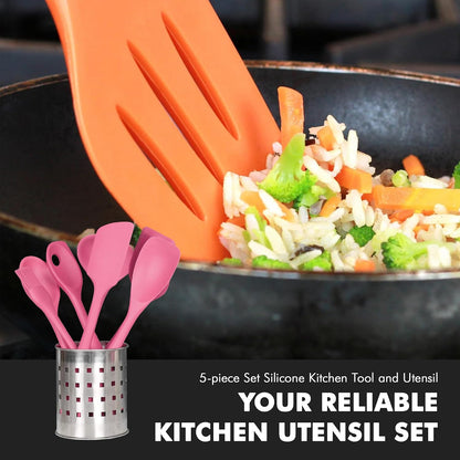 Premium Silicone Kitchen Tools and Utensils Set, Non-Scratch, Withstands Temperatures up to 450°F, BPA-Free, 5 Piece Cooking Utensils Set, Pink