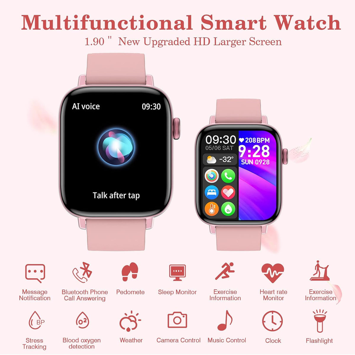 1.9" Smart Watch for Women - Bluetooth Call Fitness Tracker with Heart Rate/Sleep Monitor/Menstrual Reminder, DIY Watch Face Waterproof Smartwatch Compatible with Android iPhone (Pink)