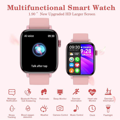 1.9" Smart Watch for Women - Bluetooth Call Fitness Tracker with Heart Rate/Sleep Monitor/Menstrual Reminder, DIY Watch Face Waterproof Smartwatch Compatible with Android iPhone (Pink)
