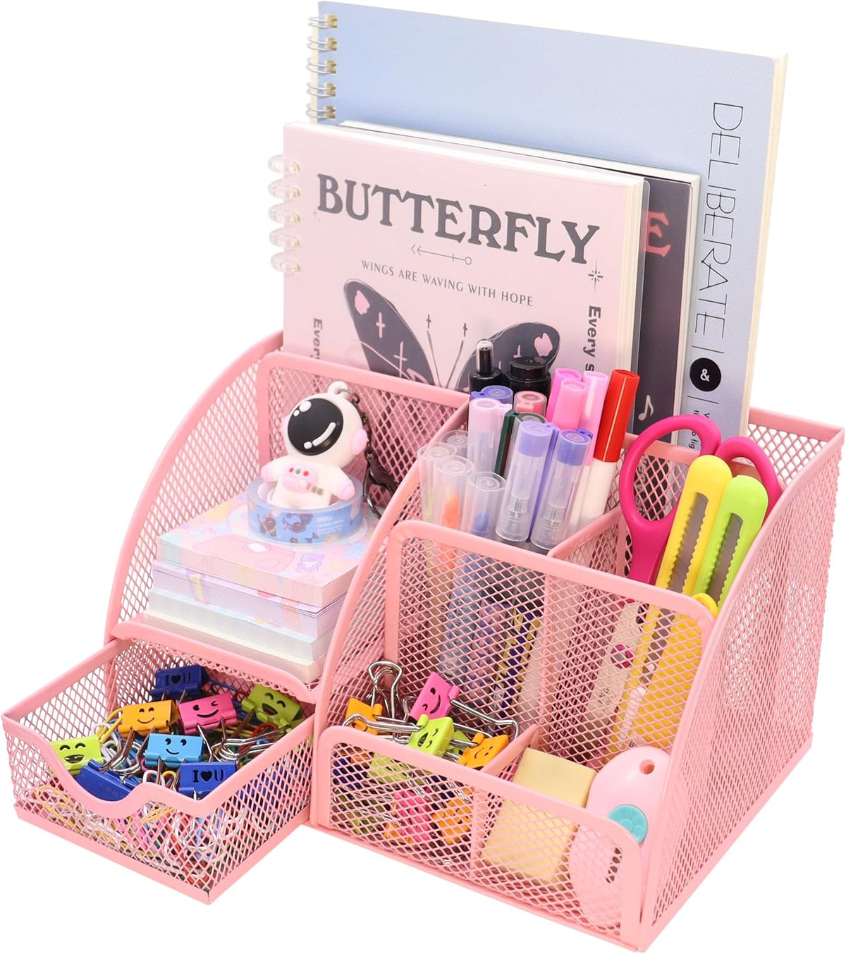 Mesh Desk Organizer Desktop Office Supplies Stationary Organizer with 6 Compartments and 1 Drawer Multi-Functional Caddy Pen Holder for Home Office School Desk Decor(Pink)