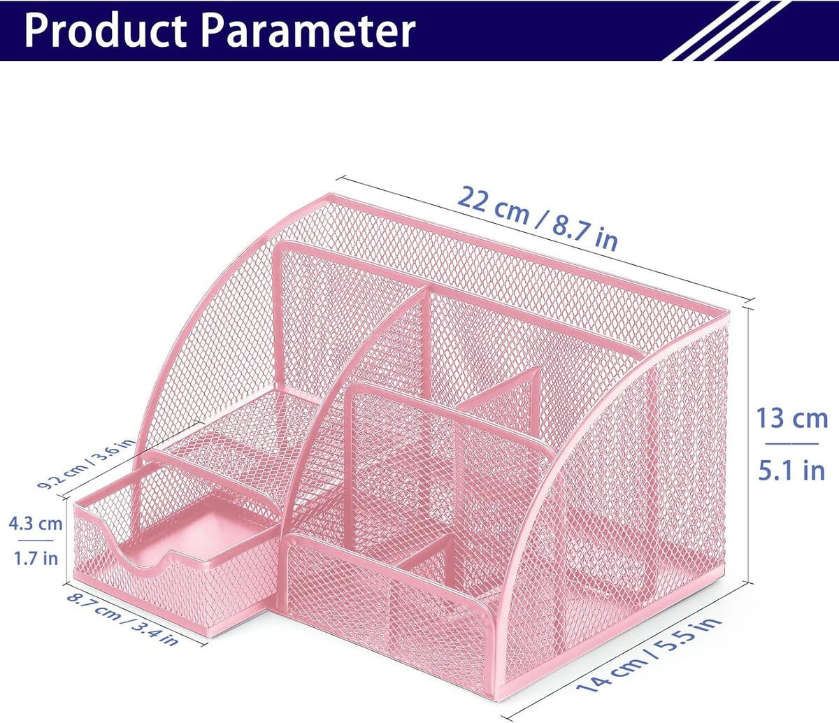 Mesh Desk Organizer Desktop Office Supplies Stationary Organizer with 6 Compartments and 1 Drawer Multi-Functional Caddy Pen Holder for Home Office School Desk Decor(Pink)