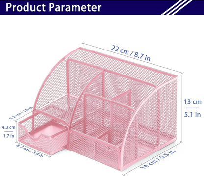 Mesh Desk Organizer Desktop Office Supplies Stationary Organizer with 6 Compartments and 1 Drawer Multi-Functional Caddy Pen Holder for Home Office School Desk Decor(Pink)