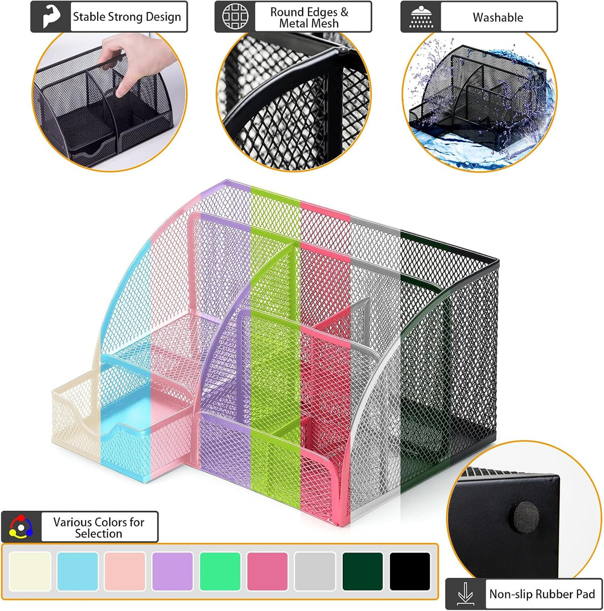 Mesh Desk Organizer Desktop Office Supplies Stationary Organizer with 6 Compartments and 1 Drawer Multi-Functional Caddy Pen Holder for Home Office School Desk Decor(Pink)