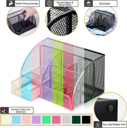 Mesh Desk Organizer Desktop Office Supplies Stationary Organizer with 6 Compartments and 1 Drawer Multi-Functional Caddy Pen Holder for Home Office School Desk Decor(Pink)